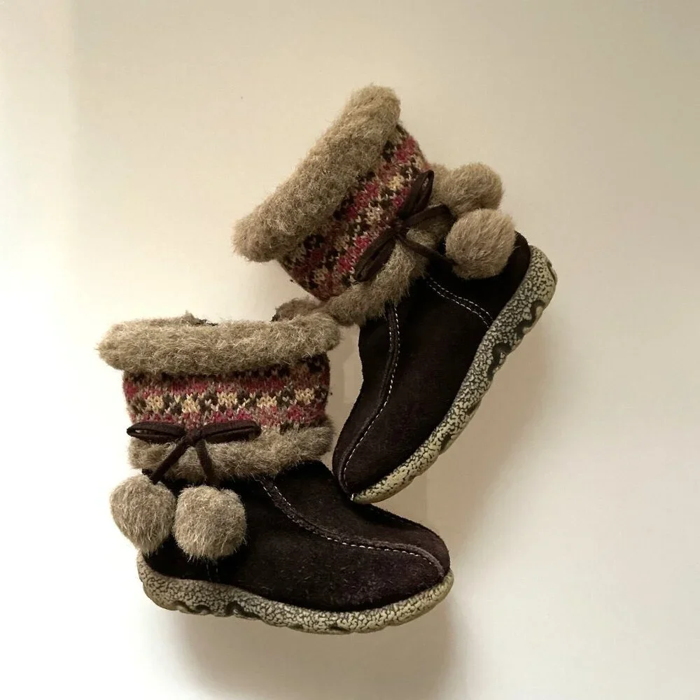Cherokee Toddler Girls Winter Boots Size 6 Brown Suede Fair Isle Pom -Pom